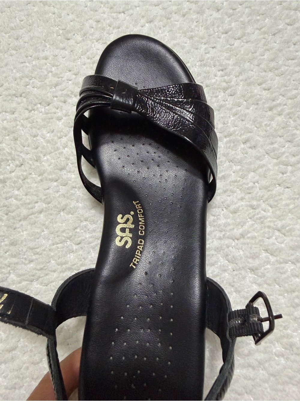 SAS Strippy Strap Wedge Sandal Black Patent Leather Strappy Women’s Size 7.5 M - Picture 5 of 10